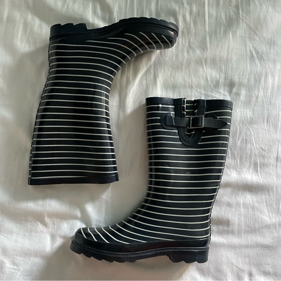 Navy Blue and White Striped Rain Boots - Picture 2 of 8